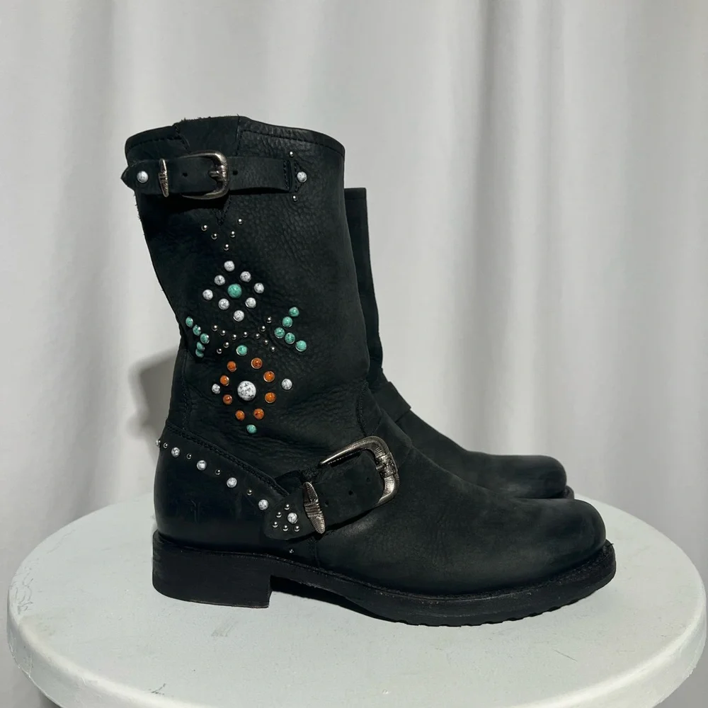 Frye Veronica Studded Stone Motorcycle Boots | 6 - Picture 2 of 14